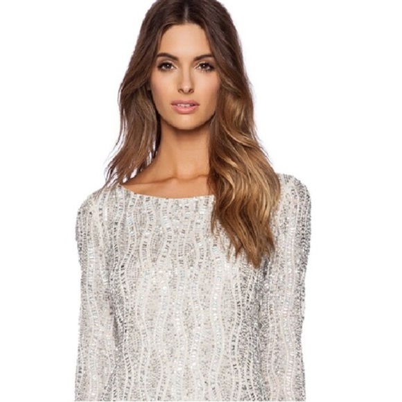 MLV Tyler Ivory Sequined Mini Dress Long Sleeve Backless Fully Beaded Lined S - Picture 2 of 7